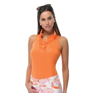 Gretchen Scott Sleeveless Jersey Ruff Neck Top Melon Orange Pink Medium